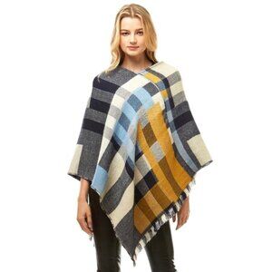 Women's Multicolor Plaid Print Poncho New Mustard Yellow Baby Blue Black Cream